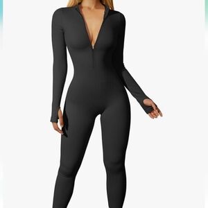 OQQ Women Yoga Jumpsuit Ribbed Long Sleeve Zip Front